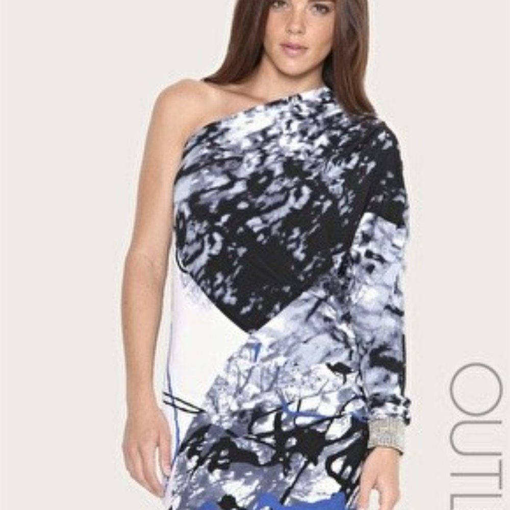 FOREVER UNIQUE BRAND ONE SHOULDER ABSTRACT BLACK BLUE WHITE DRESS